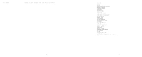 A minimalist two-page spread from a publication. The left page has the name Sasha Perera at the top left and the text BEDROOM. CLOSET. KITCHEN. CAVE. COOK UP YOUR OWN IMPRINT at the top right. The right page contains a column of free-verse text, a poem about music, sound, and the creative process, with phrases like senses alive, a subwoofer that goes boooooooom, and the presence between the music and the machine(s).