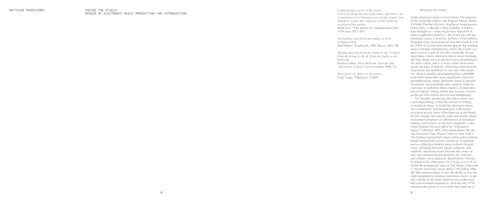 A minimalist two-page spread from a book by Matthias Pasdzierny. The title on the left page reads Inside the Studio: Spaces of Electronic Music Production—An Introduction. The right page has a section titled Mixing in Zone, with text discussing the history of electronic music. The layout features black text on a white background with ample white space.