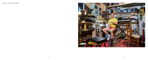 A two-page magazine spread with text on the left reading NOVO LINE / NAT FOWLER. The right page features a photograph of a man in a yellow polo shirt and red shorts sitting in a very cluttered music studio, surrounded by walls of vintage synthesizers, stacked CRT monitors, and tangled cables.
