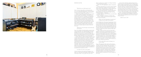 A two-page magazine spread showing an interview with the music group Modeselektor. The top-left corner features a color photograph of a music studio, showing an L-shaped setup of racks filled with keyboards and synthesizers. An electric guitar leans against a speaker nearby. The rest of the spread contains the text of the interview.