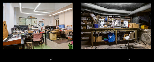 A side-by-side comparison of two workspaces. On the left is a bright, modern office with desks cluttered with computers, synthesizers, and electronic equipment. On the right is a dark, unfinished basement with a wooden workbench and shelves packed with speakers, wires, and boxes of parts.
