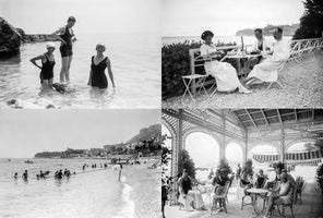 A four-panel, black and white photo collage of vintage scenes from a seaside resort. The top left image shows two women and a man in old-fashioned swimsuits standing in the water. The top right shows three people dining at a table on a terrace overlooking the sea. The bottom left is a wide shot of a crowded beach with a town in the background. The bottom right shows people relaxing at tables under a large, ornate pavilion.