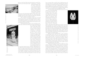 A two-page spread from a book about Coco Chanel's resort style, showing text alongside three black-and-white photographs. The photos depict a beach establishment in 1920, Chanel in front of her boutique in 1913, and a Chanel marinière blouse on a mannequin from 1916.