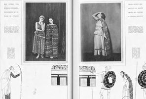 A black and white two-page magazine spread featuring costumes designed by Chanel for Jean Cocteau's Antigone. The top half displays two photographs of actresses in long, patterned, Greek-inspired dresses. The bottom half features illustrations of figures in a classical Greek style, including soldiers holding spears and shields. French text accompanies the images.