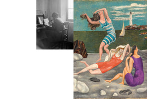 A side-by-side image showing a black and white photograph on the left and a color painting on the right. The photo shows a man from behind, sitting at a desk by a window. The painting depicts three women in colorful, vintage-style swimsuits on a rocky beach, with a sailboat and a lighthouse in the background.