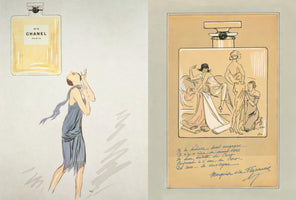 A diptych of vintage Art Deco illustrations for Chanel No. 5 perfume. On the left, a woman in a blue flapper dress looks up adoringly at a giant bottle of the perfume. On the right, another drawing shows the perfume bottle containing a boudoir scene with three women, with handwritten French text and a signature below.
