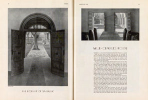 A black and white two-page spread from Vogue magazine, dated March 29, 1930, featuring an article titled Mlle. Chanel's House. On the left, a large photograph shows the arched wooden doorway of the villa La Pausa, open to a sunlit garden path. On the right, a smaller image shows a room with doors leading to a cloister, positioned above the text of the article.