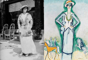A side-by-side comparison showing a black and white photograph on the left and a colorful painting on the right. The photo shows a woman in early 20th-century attire: a wide-brimmed hat, a belted coat over a long skirt. The Fauvist painting by Kees van Dongen is a stylized interpretation of the same woman in the same outfit, rendered in bright, non-naturalistic colors with a bold posture.