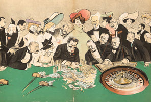 A satirical color illustration of a bustling casino scene from the early 20th century. A large crowd of caricatured high-society men in tuxedos and women in extravagant hats are gathered tightly around a green roulette table, which is piled high with cash, chips, and gold coins. Their faces show intense concentration and greed as they gamble.