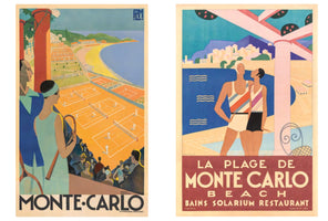 A side-by-side comparison of two vintage Art Deco travel posters for Monte Carlo. The poster on the left shows spectators watching tennis matches on orange clay courts with a beach and the sea in the background. The poster on the right features a stylish couple in swimsuits standing by a pool, with the sea and a coastal town behind them.