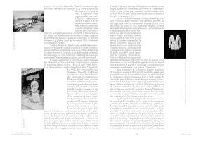 A two-page spread from a French book about Gabrielle Chanel's fashion, featuring text and three archival black-and-white photographs. The photos show the crowded Larvotto beach in 1922, Chanel outside her Deauville boutique in 1913, and a 1916 white Chanel marinière blouse on a mannequin.