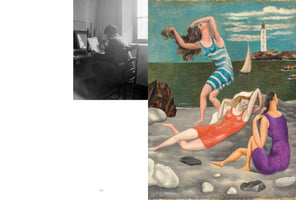A book page displaying two images side-by-side. On the left is a black-and-white photograph of a man sitting at a desk near a window, appearing to draw or write. On the right is a colorful painting of three women in vintage swimsuits on a rocky shore, with a lighthouse and a sailboat in the background.