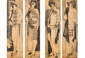 A series of four vertical, Art Deco-style charcoal drawings depicting women in 1920s fashion. Each woman wears a cloche hat and a stylish overcoat, with outfits featuring prominent plaid and checkered patterns. The figures are highly stylized, with one half of each woman's face and body cast in dark shadow.