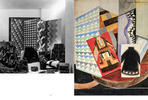 A two-panel book page comparing a photograph with a painting. On the left, a black-and-white photo shows an exhibition of Art Deco textiles, including a folding screen and draped fabrics with bold geometric patterns. On the right is a colorful watercolor study of the same scene by artist Sonia Delaunay, rendered in an abstract, fragmented style with overlapping planes of color.