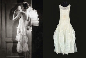A diptych showing a 1920s evening gown. On the left is a black-and-white photo of a woman in a low-backed, sparkly, tiered dress, looking over her shoulder while holding a large white fan. On the right, the same sleeveless, light-colored dress is displayed on a mannequin against a black background, showcasing its delicate fabric and ruffled skirt.