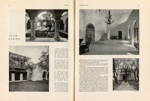 A two-page black and white spread from Vogue magazine, dated March 29, 1930, titled ON THE RIVIERA. The article showcases four photos of Coco Chanel's Mediterranean villa, featuring a sunlit courtyard with arches, a minimalist great hall with a large chandelier, the villa's stucco exterior, and a tree-lined garden path.