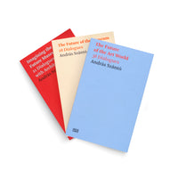 Three paperback books by András Szántó are fanned out on a white background. From left to right, the books have solid red, cream, and light blue covers with minimalist text-based designs. The titles visible are Imagining the Future Museum, The Future of the Museum, and The Future of the Art World.
