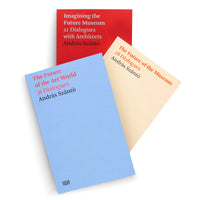 A studio shot of three paperback books by András Szántó fanned out on a white surface. The books, with minimalist covers in red, cream, and light blue, are titled Imagining the Future Museum, The Future of the Museum, and The Future of the Art World.