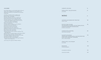 A two-page spread of a book in German against a pale blue-gray background. The left page is titled LEIHGEBER and lists acknowledgements. The right page shows the table of contents, with section titles like VORWORT UND DANK, WERKE, and BIOGRAFIEN, along with their corresponding page numbers.
