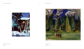An art book spread showing two paintings. On the left is Akseli Gallen-Kallela's painting of a house in the snow at night with a lit window. On the right is Edvard Munch's painting of children standing at the edge of a dark, stylized forest under a swirling sky.