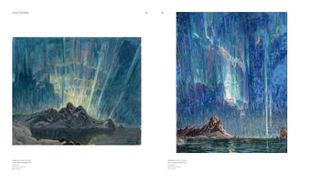 A two-page spread from a book on the artist Anna Boberg, displaying two of her paintings of the Northern Lights over Norwegian landscapes. The painting on the left shows green and yellow aurora behind dark, jagged mountains reflected in water. The vertical painting on the right depicts a dramatic, textured cascade of blue, green, and purple light over a rocky shoreline and the sea.