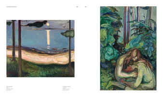 A two-page spread from an art book on Edvard Munch. The left page shows his painting Moonlight, a coastal scene with a bright moon reflection on the water. The right page shows his painting Vampire in the Forest, depicting two figures embracing in a dense, green wood.