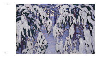 An oil painting by Lawren S. Harris of a winter forest scene titled Schneefantasie. A path leads through a dense wood of evergreen trees heavily laden with thick, sculpted white snow. The scene is rendered in cool tones of blue and purple, with bold, visible brushstrokes and a glimpse of pale light in the background.