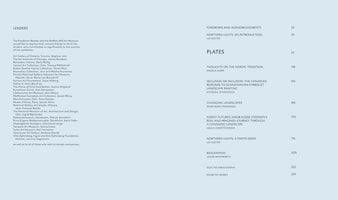 A two-page spread from a book, likely an art exhibition catalog. The left page, titled LENDERS, lists various museums, galleries, and collections. The right page shows the table of contents, with section titles such as PLATES, BIOGRAPHIES, and various essays, each with its corresponding page number.
