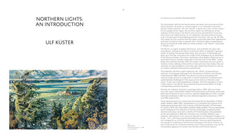 A page spread from an art book titled NORTHERN LIGHTS: AN INTRODUCTION by Ulf Küster. The left side features a large painting by Helmi Biese titled Coastal Landscape, ca. 1904, depicting a windswept, tree-lined coast overlooking a large body of water. The right side contains the beginning of the introductory essay for the exhibition.