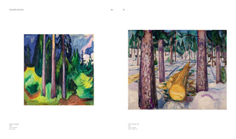 A two-page spread from an art book about Edvard Munch, displaying two of his paintings. On the left is Spruce Forest, an expressionist work with vibrant greens and blues. On the right is The Yellow Log, a snowy forest scene with a prominent, freshly cut yellow log in the foreground.