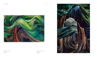 A two-page spread from a book on artist Emily Carr, displaying two of her paintings. On the left, Abstract Tree Forms is a horizontal painting with dynamic, flowing waves of green, blue, and yellow. On the right, the vertical painting Forest, British Columbia depicts a stylized forest with massive, swirling tree trunks and a dark, undulating canopy.