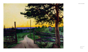 A painting by Harald Sohlberg, Country Road II, depicting a rural landscape at sunset. A large, dark pine tree dominates the right foreground, set against a glowing yellow and orange sky. A winding dirt road leads from an open wooden gate through green fields towards a dark forest and distant purple mountains.