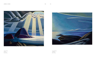 A two-page spread from an art book about Lawren S. Harris, displaying two of his stylized paintings of Lake Superior. On the left, dramatic beams of light break through dark clouds over purple rocks in the water. On the right, a serene blue landscape shows a calm lake with smooth, dark rocks in the foreground and long, thin clouds.