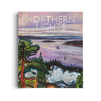 A book titled Northern Lights, with the title in silver text over an expressionist painting. The artwork depicts a coastal landscape with stylized green trees in the foreground overlooking a purple body of water with two small sailboats. The sky is a mix of purples and pinks above distant dark hills.