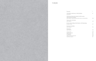 An open book showing its table of contents on the right-hand page. The left page is a blank, textured gray. The right page is titled Contents and lists chapters and essays about the artist Julie Mehretu, including The intimate architectures of Julie Mehretu and Chronology, along with their corresponding page numbers.