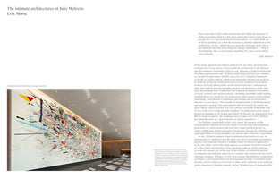 A page from an art publication titled The intimate architectures of Julie Mehretu by Erik Morse. A large photograph on the left shows Mehretu's monumental abstract mural, a dynamic explosion of colorful geometric shapes and black lines on a long white wall inside a modern lobby. The right side of the page features two columns of text discussing her work.