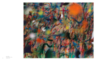 A page from an art book showing a vibrant abstract painting titled Sumo from 2024. The square canvas is a dense, chaotic composition of layered, spray-painted shapes and thin, curving lines. The colors are a mix of bright reds, oranges, blues, and greens against a darker, multi-toned background, creating a sense of energetic movement.