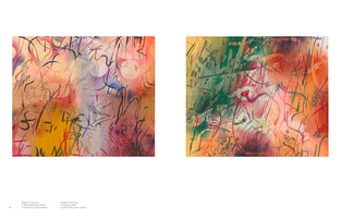 A page from a book displaying two abstract, square paintings side-by-side on a white background with captions below. Both paintings feature energetic, calligraphic black lines and marks over layered, colorful backgrounds. The painting on the left is dominated by warm tones of yellow, pink, and orange. The painting on the right incorporates more green and appears denser and more chaotic.