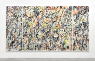 A large-scale abstract painting made of twelve rectangular panels arranged in a grid on a white gallery wall. The artwork is a dense, energetic composition of overlapping black gestural lines, colorful scribbles, and soft spray-painted washes of orange, yellow, and purple on a light background.