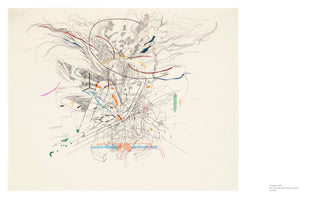 An abstract artwork on an off-white background, featuring a dense, energetic explosion of fine black ink lines. The composition blends architectural schematics with chaotic, organic forms. Scattered throughout the intricate monochrome drawing are vibrant accents of color from thin lines and small collaged paper shapes in red, blue, orange, green, and pink, creating a dynamic and layered effect.