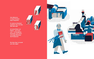 A two-page book illustration about typography. The left page has a red background with German text and three letterpress type blocks showing A, a mirrored B, and C. The right page, on a white background, shows a friendly-looking printer in an apron holding a red book, along with two large, stylized printing presses in blue, grey, and red.