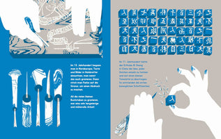 A two-page illustration in blue, white, and grey comparing early printing techniques. On the left, against a blue background, hands use a tool to carve a large woodblock, with various carving tools shown below. On the right, against a grey background, hands carve a single Chinese character into a small blue cube, illustrating movable type, with a grid of completed character cubes above. Both pages feature German text.