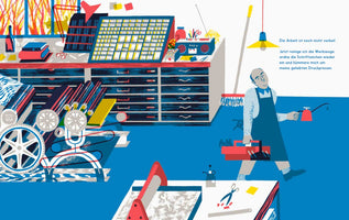 A stylized, graphic illustration of a printmaking workshop with a limited color palette of blue, red, and yellow. A man in an apron walks across the blue floor, holding a red toolbox and an oil can. In the background is a large printing press and a workbench with a type case and many drawers. A block of German text is on the right side of the image.