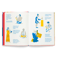 A two-page spread in an open book featuring stylized illustrations in blue, yellow, and red that depict the history of writing. Various figures from different historical periods and cultures are shown writing with tools like a stylus on a clay tablet, a reed pen on papyrus, and a quill in a book, accompanied by descriptive text in German.