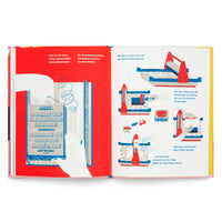 A two-page spread from an illustrated book in German, showing the letterpress printing process with red, blue, and white graphics. The left page shows hands tying string around a block of metal type. The right page features a four-step guide on how to use a small proofing press: inking the type with a roller, placing paper, pressing, and peeling off the printed sheet.