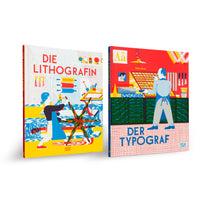 Two illustrated books by Gaby Bazin stand side-by-side on a white background. The book on the left, titled Die Lithografin, has a colorful graphic of a woman operating a printing press. The book on the right, Der Typograf, has a red cover with an illustration of a man setting type.