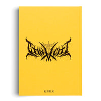 The front cover of a bright yellow book standing against a white background. In the center is an intricate, spiky black logo in a style typical of black metal bands. The initials K.B.H.G are printed in black at the bottom.