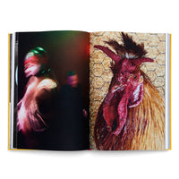 An open photo book with a yellow spine displays two contrasting images side-by-side. On the left page, a dark, motion-blurred photograph captures a person dancing, their form streaked with red and green light. On the right page, a stark, highly detailed close-up shows the head of a rooster with a large, textured red comb and wattle against a chicken wire fence.