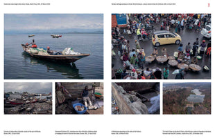 A two-page photo essay from the Democratic Republic of Congo. The top half features two large photos: fishermen in a canoe on a lake and a bustling street market with women selling fish. The bottom half shows four smaller photos: canoes beached on a shore littered with plastic, a man mending nets near his children, a fisherman sleeping on his fishing nets, and an aerial view of the Ruzizi Dam. Each photo has a caption detailing the scene in Goma or Bukavu.