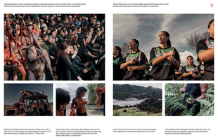 A collage of six photos depicting the life of the Tūhoe people in New Zealand. The top two images show people performing a haka, one with men in traditional attire and another with a women's rugby team. The four smaller images below show children on a vehicle, children eating watermelon, a misty landscape with horses, and a person gathering edible ferns.